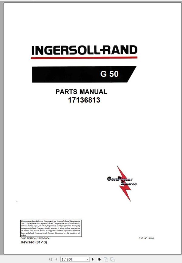 Ingersoll Rand Generator G50 Parts Manual 2013
