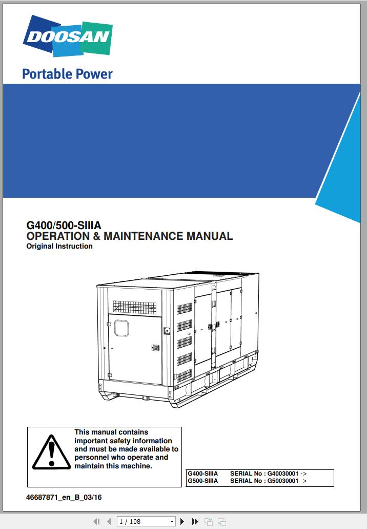 Ingersoll Rand Generator G500 SIIIA Operation and Maintenance Manual 2016