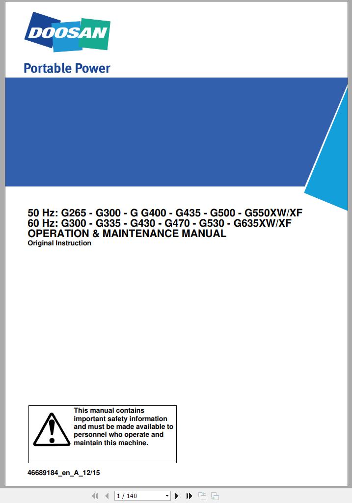 Ingersoll Rand Generator G500 XW XF Operation and Maintenance Manual 2015