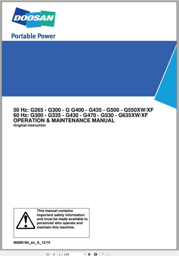 Ingersoll Rand Generator G530 XW XF Operation and Maintenance Manual 2015