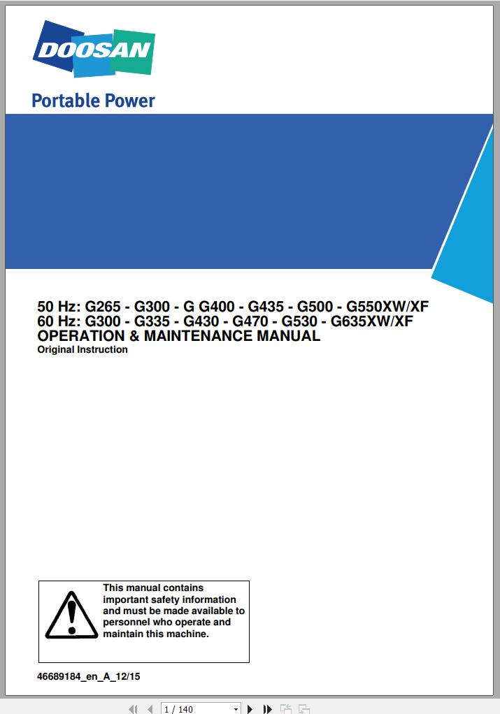 Ingersoll Rand Generator G530 XW XF Operation and Maintenance Manual 2015