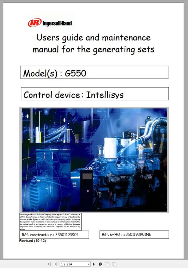 Ingersoll Rand Generator G550 Users Guide and Maintenance Manual 2012