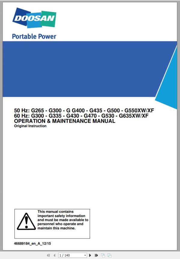 Ingersoll Rand Generator G550 XW XF Operation and Maintenance Manual 2015