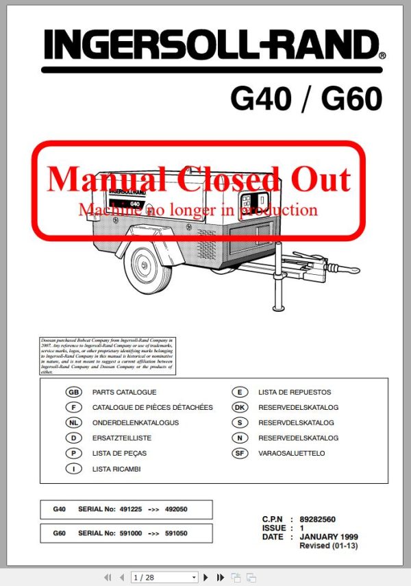 Ingersoll Rand Generator G60 Parts Manual 2018