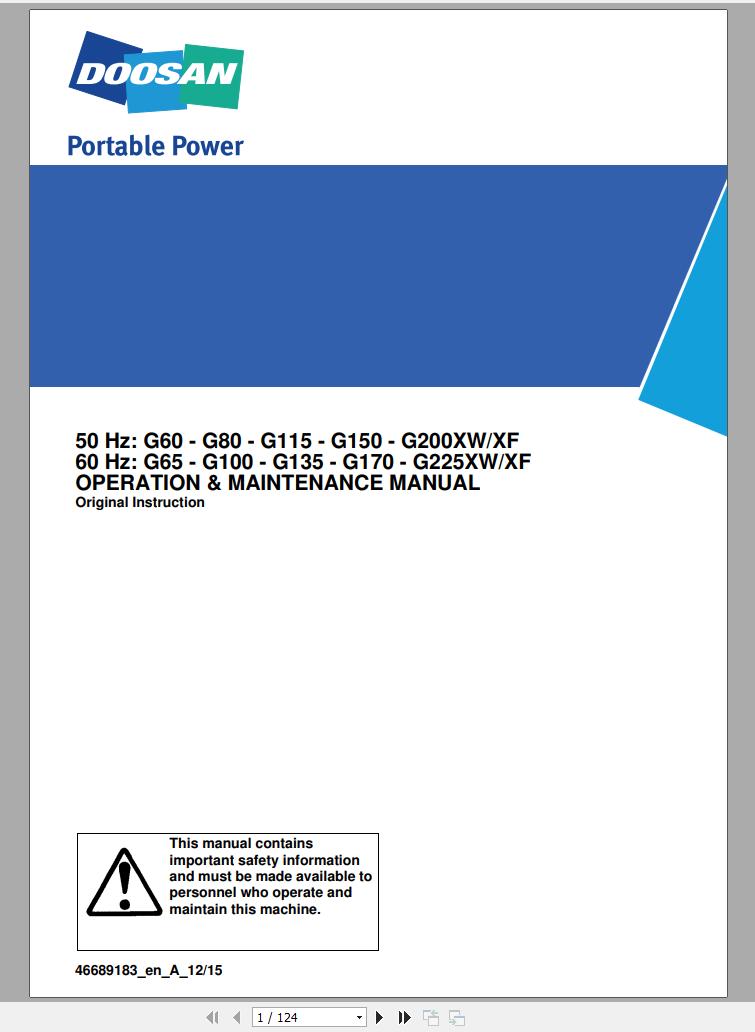 Ingersoll Rand Generator G65 XW XF Operation and Maintenance Manual 2015