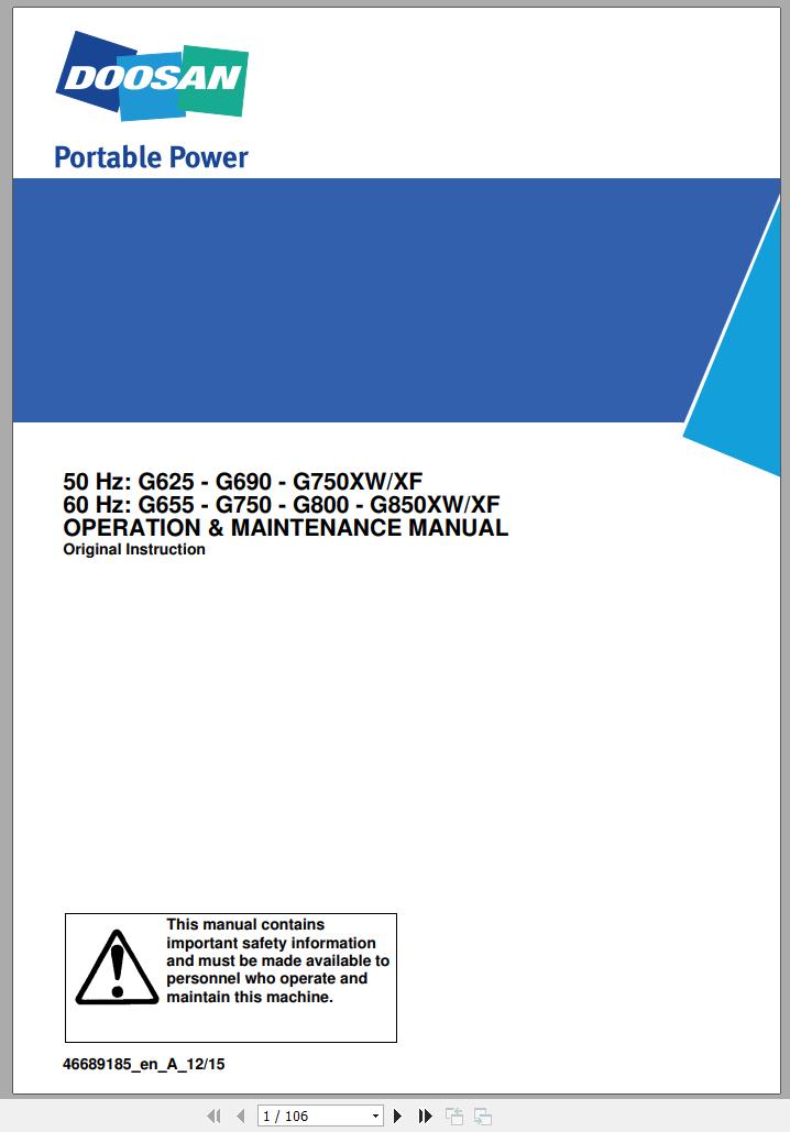 Ingersoll Rand Generator G655 XW XF Operation and Maintenance Manual 2015