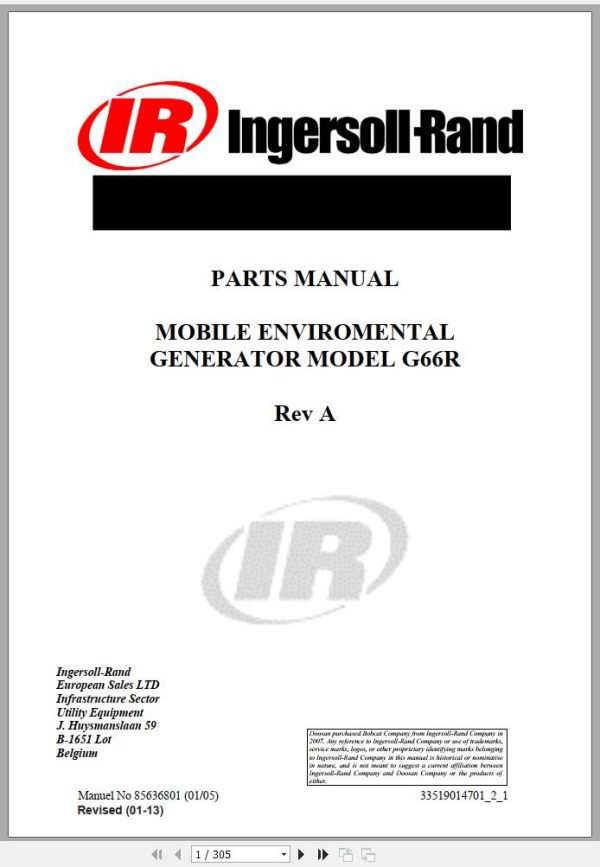 Ingersoll Rand Generator G66 Parts Manual 2013