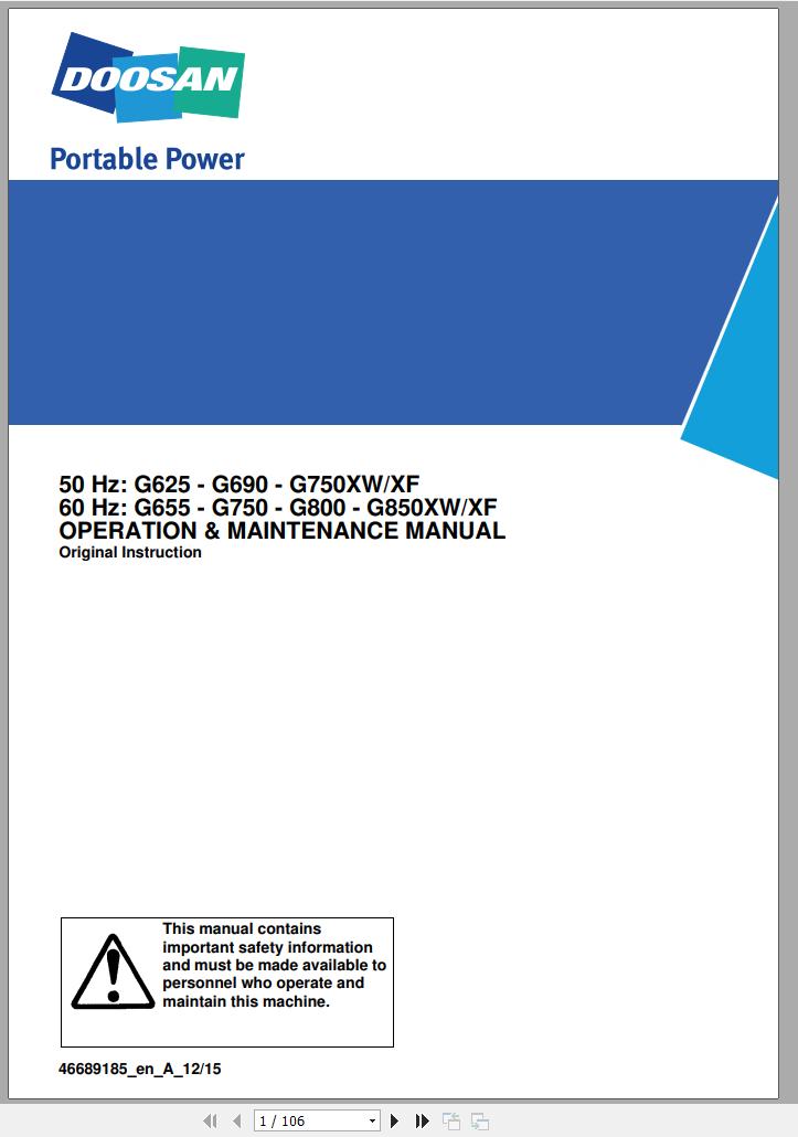 Ingersoll Rand Generator G690 XW XF Operation and Maintenance Manual 2015