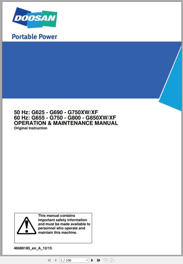 Ingersoll Rand Generator G750 XW XF Operation and Maintenance Manual 2015