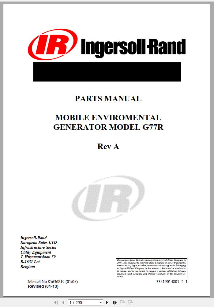 Ingersoll Rand Generator G77 Parts Manual 2013