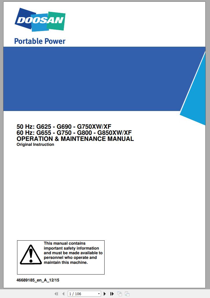 Ingersoll Rand Generator G800 XW XF Operation and Maintenance Manual 2015