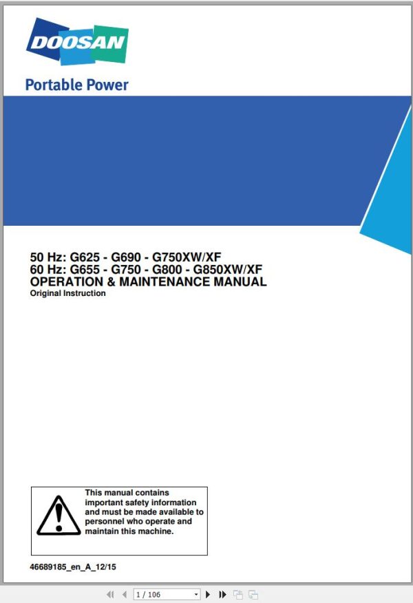 Ingersoll Rand Generator G850 XW XF Operation and Maintenance Manual 2015