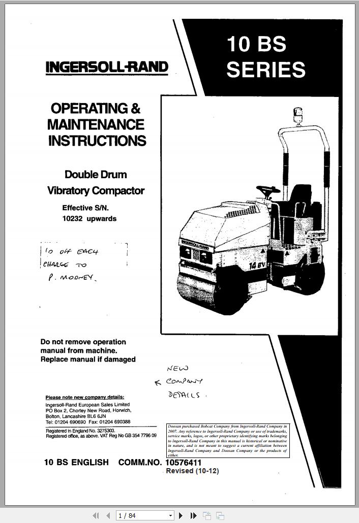 Ingersoll Rand Light Compaction 10 BS Operation Maintenance Manual 2012