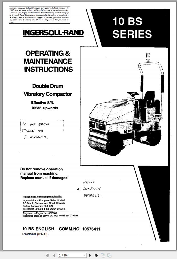 Ingersoll Rand Light Compaction 10 BS Series Operating and Maintenance Manual 2013