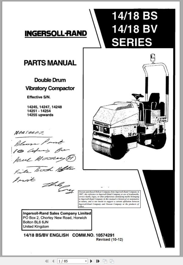 Ingersoll Rand Light Compaction 14 BS BV Parts Manual Operating and Maintenance Manual 2012