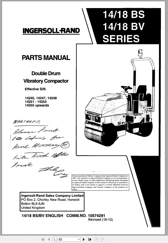 Ingersoll Rand Light Compaction 14 BS BV Parts Manual Operating and Maintenance Manual 2012
