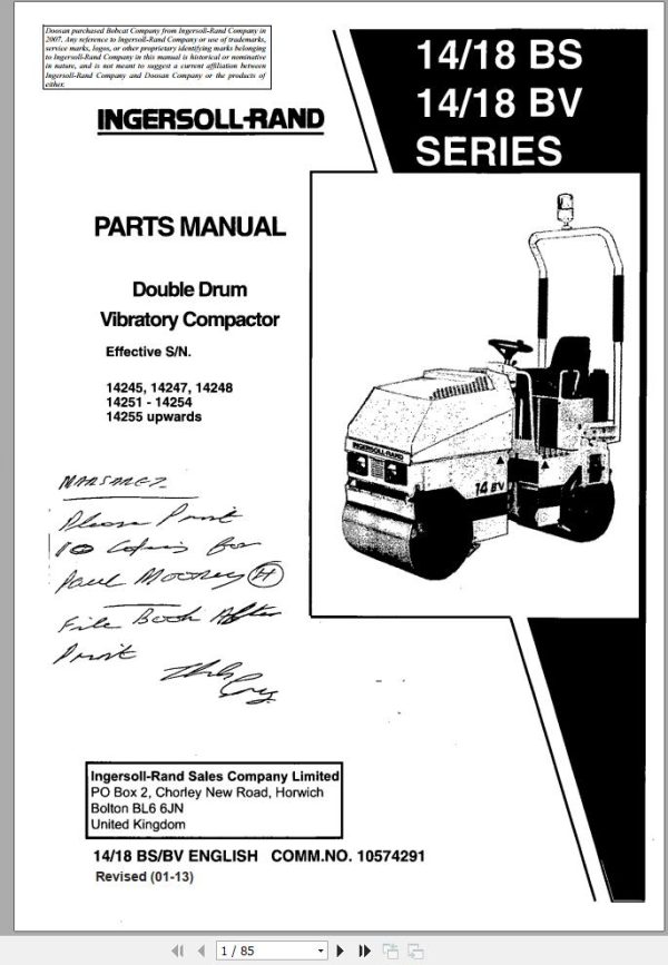 Ingersoll Rand Light Compaction 14 BS BV Series Parts Manual Operating and Maintenance Manual 2013