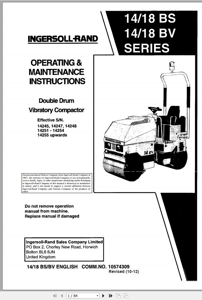 Ingersoll Rand Light Compaction 18 BS BV Parts Manual Operating and Maintenance Manual 2012
