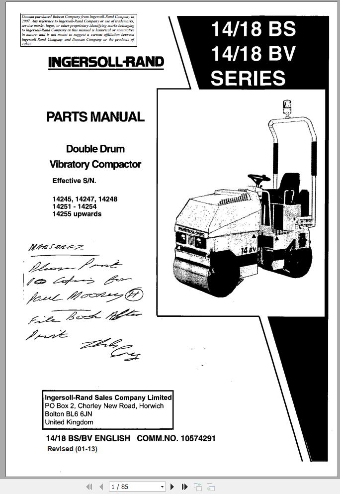 Ingersoll Rand Light Compaction 18 BS BV Series Parts Manual Operating and Maintenance Manual 2013