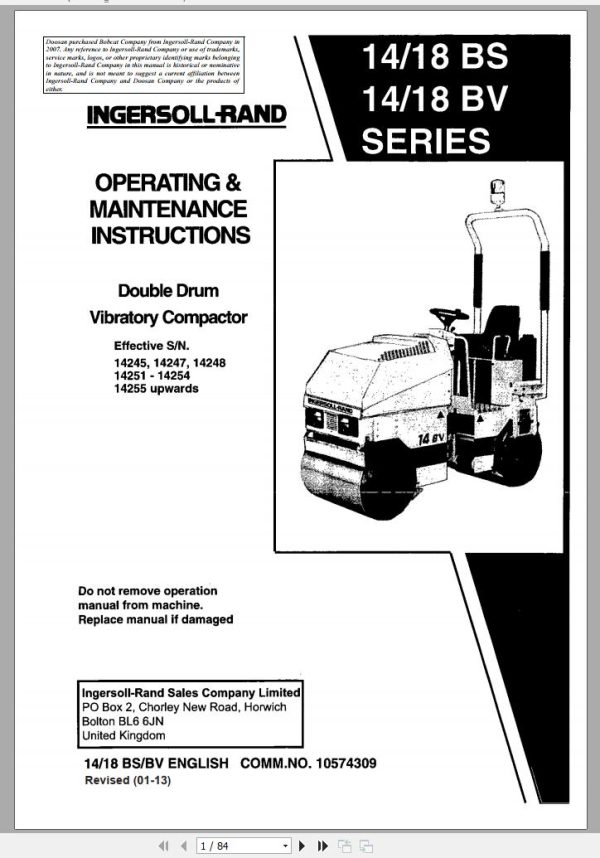 Ingersoll Rand Light Compaction 18 BS BV Series Parts Manual Operating and Maintenance Manual 2013 1