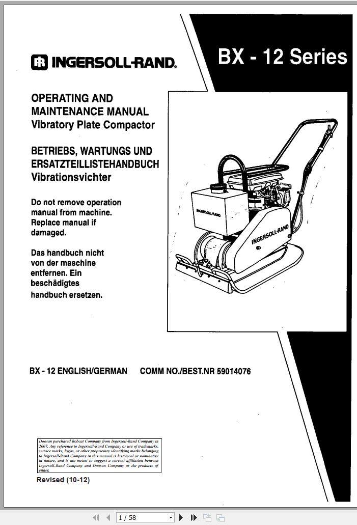 Ingersoll Rand Light Compaction BX 12 Operating Maintenance Manual 2012