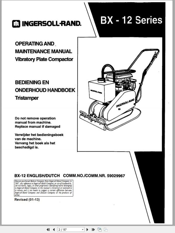 Ingersoll Rand Light Compaction BX 12 Parts Manual Operating and Maintenance Manual 2013