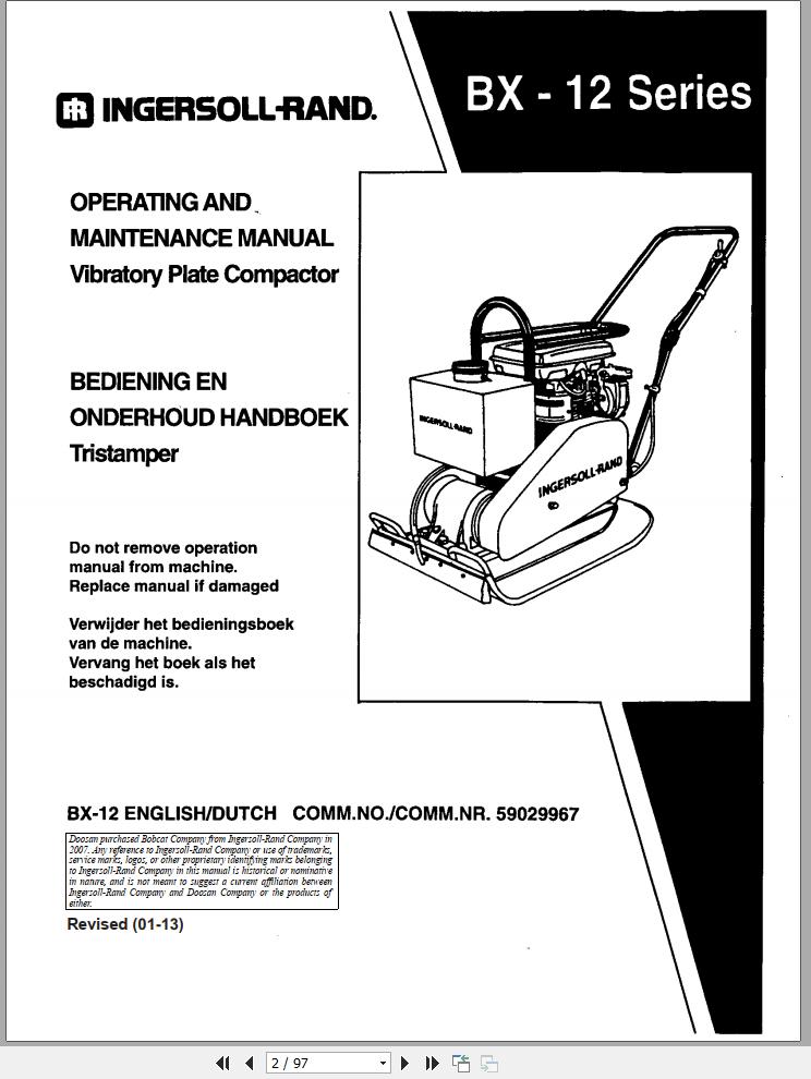 Ingersoll Rand Light Compaction BX 12 Parts Manual Operating and Maintenance Manual 2013