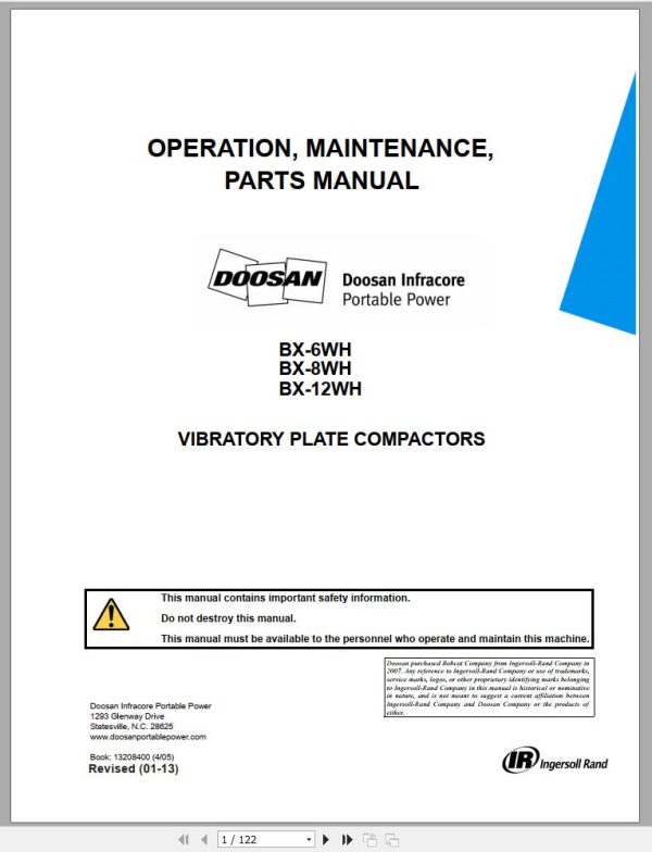Ingersoll Rand Light Compaction BX 12 Parts Manual Operating and Maintenance Manual 2013 1