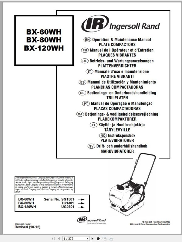 Ingersoll Rand Light Compaction BX 120WH Operating Maintenance Manual 2012