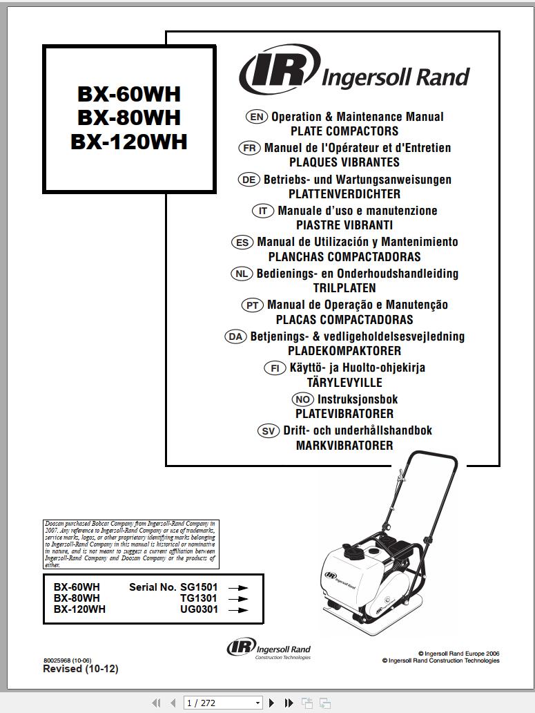 Ingersoll Rand Light Compaction BX 120WH Operating Maintenance Manual 2012
