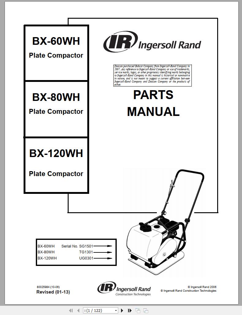 Ingersoll Rand Light Compaction BX 120WH Parts Manual 2013