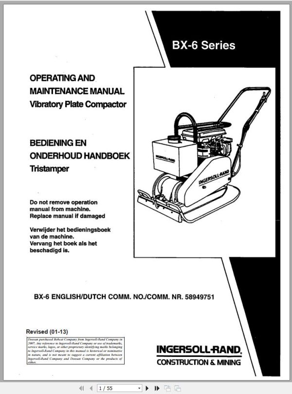Ingersoll Rand Light Compaction BX 6 Parts Manual Operating and Maintenance Manual 2013
