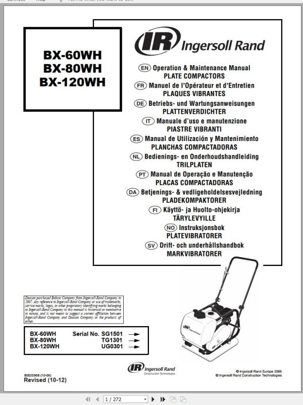 Ingersoll Rand Light Compaction BX 60WH Operating Maintenance Manual 2012