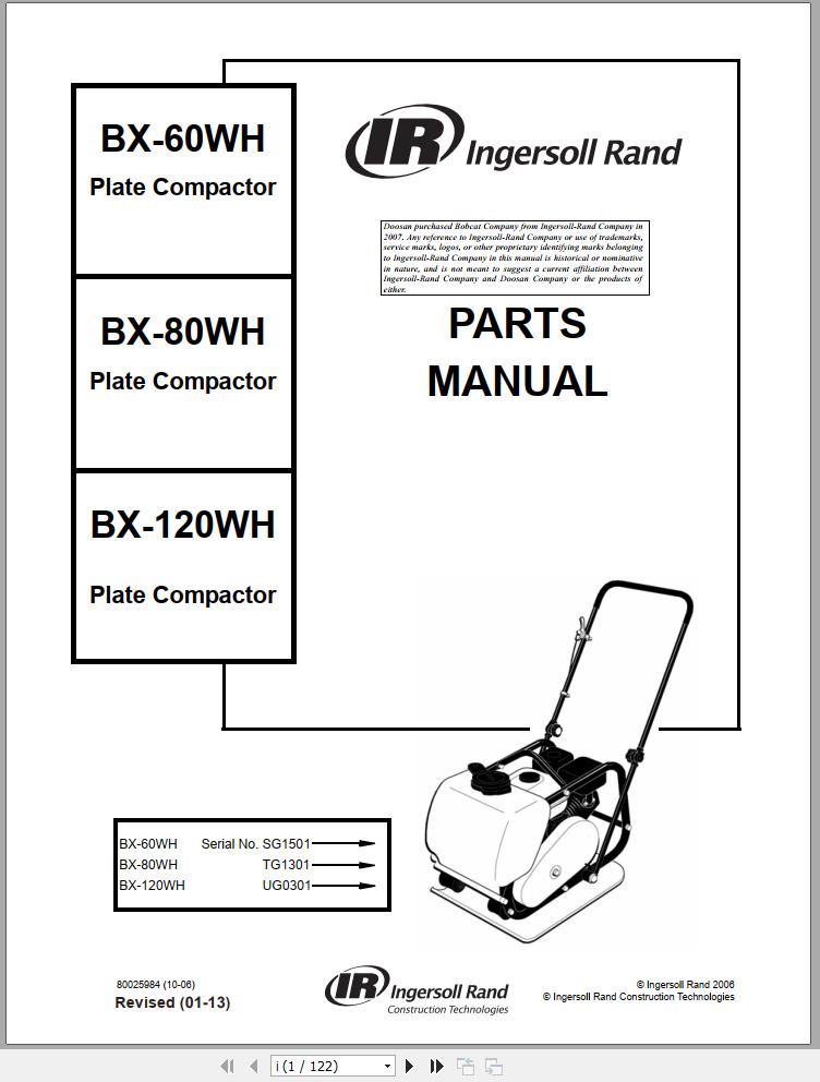 Ingersoll Rand Light Compaction BX60WH Parts Manual 2013