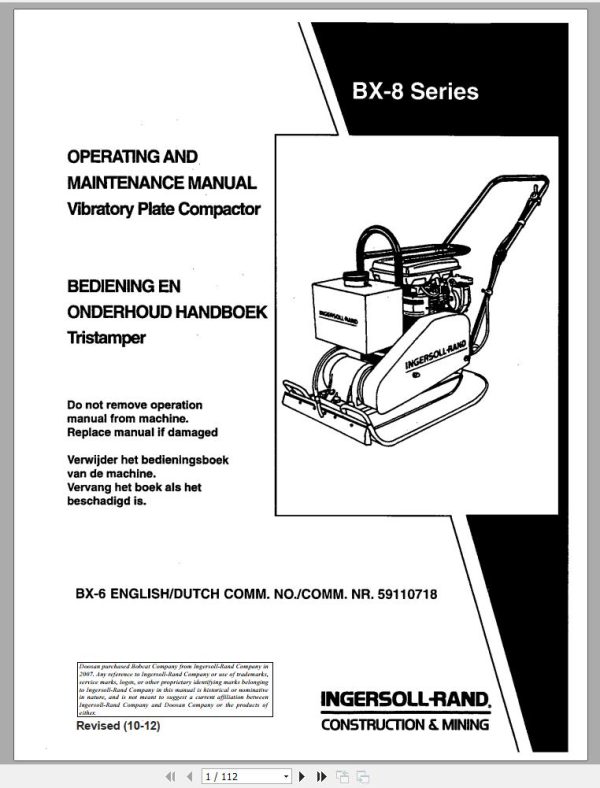 Ingersoll Rand Light Compaction BX 8 Parts Manual Operating and Maintenance Manual 2012