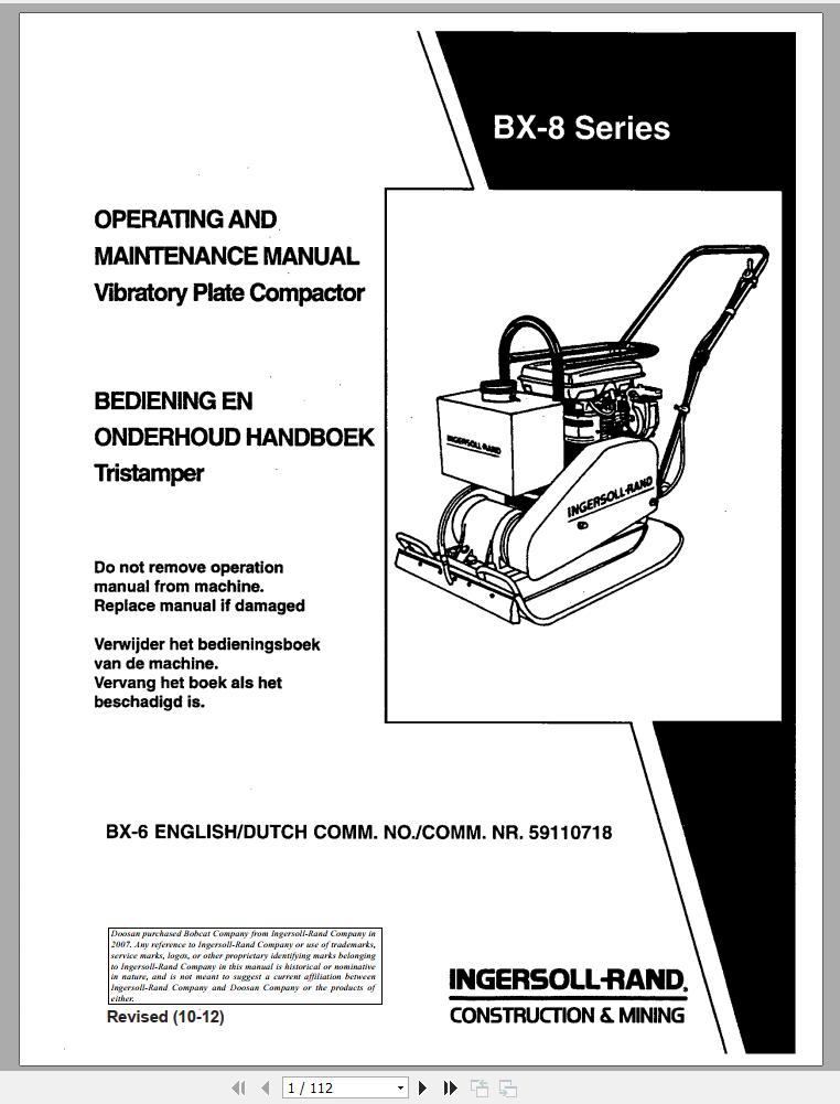 Ingersoll Rand Light Compaction BX 8 Parts Manual Operating and Maintenance Manual 2012