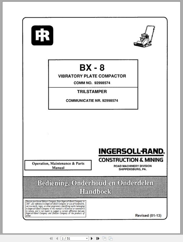 Ingersoll Rand Light Compaction BX 8 Parts Manual Operating and Maintenance Manual 2013