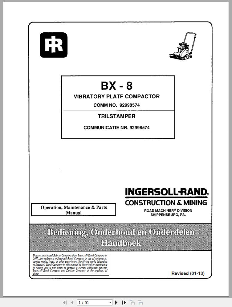 Ingersoll Rand Light Compaction BX 8 Parts Manual Operating and Maintenance Manual 2013
