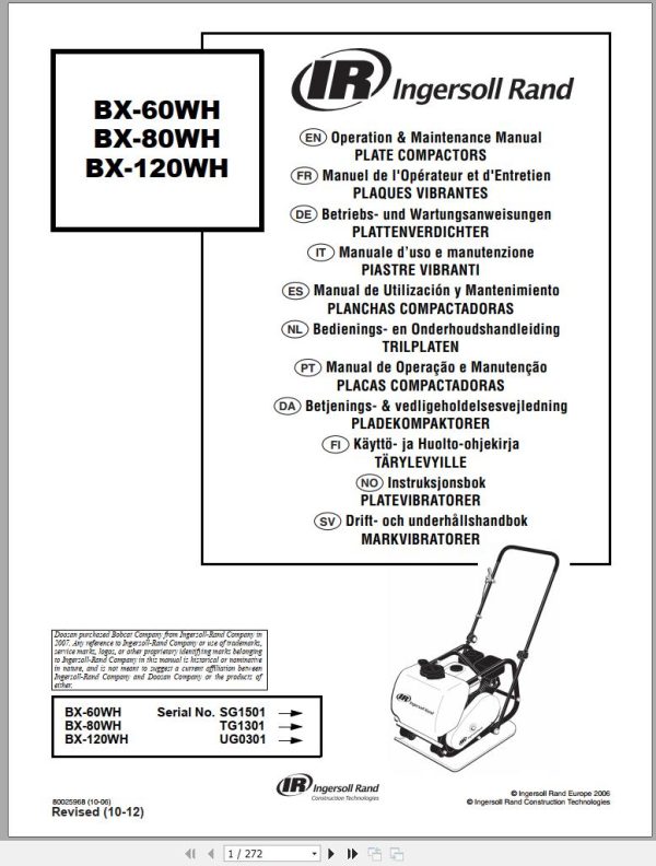Ingersoll Rand Light Compaction BX 80WH Operating Maintenance Manual 2012