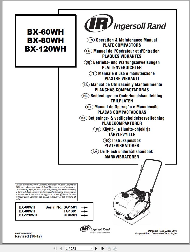Ingersoll Rand Light Compaction BX 80WH Operating Maintenance Manual 2012