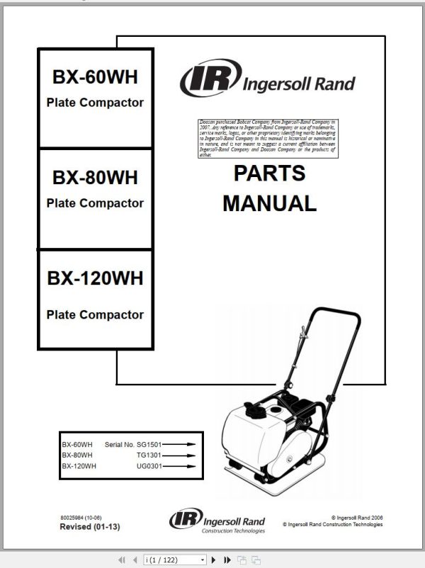 Ingersoll Rand Light Compaction BX 80WH Parts Manual 2013