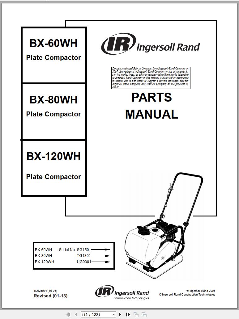 Ingersoll Rand Light Compaction BX 80WH Parts Manual 2013