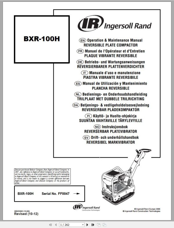 Ingersoll Rand Light Compaction BXR 100H Operating Maintenance Manual 2012