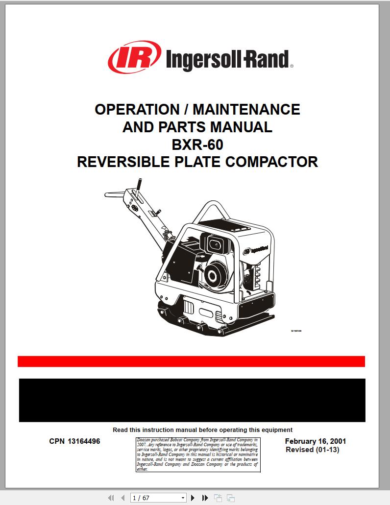Ingersoll Rand Light Compaction BXR 60 Parts Manual Operating and Maintenance Manual 2013