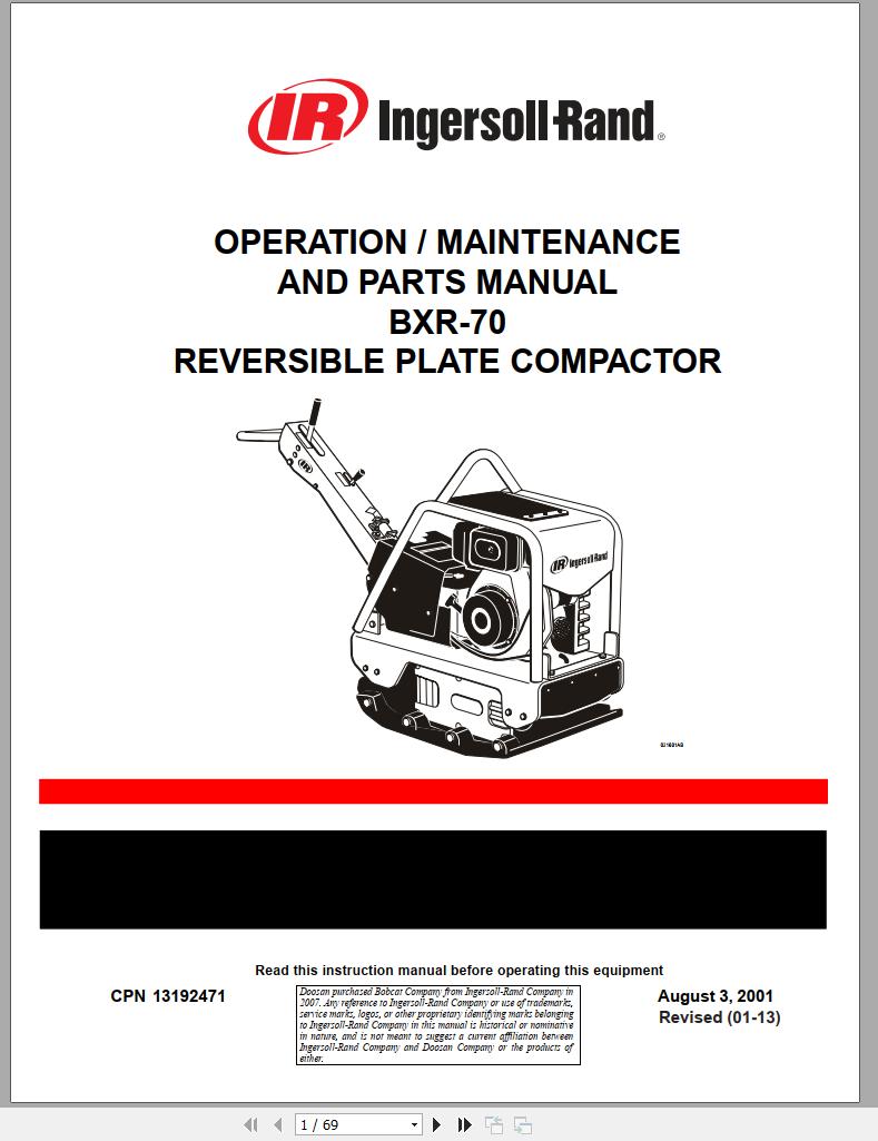 Ingersoll Rand Light Compaction BXR 70 Parts Manual Operating and Maintenance Manual 2013