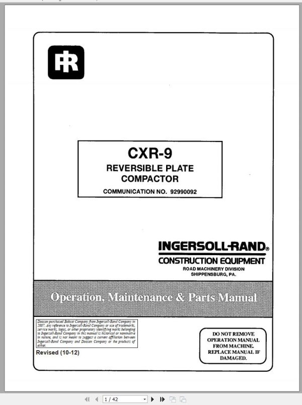Ingersoll Rand Light Compaction CXR 9 Parts Manual Operating and Maintenance Manual 2012 1
