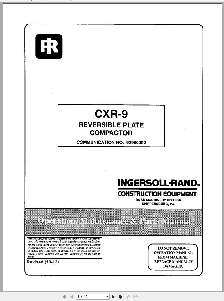 Ingersoll Rand Light Compaction CXR 9 Parts Manual Operating and Maintenance Manual 2012 1