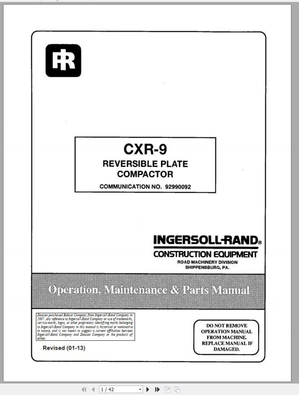 Ingersoll Rand Light Compaction CXR 9 Parts Manual Operating and Maintenance Manual 2013