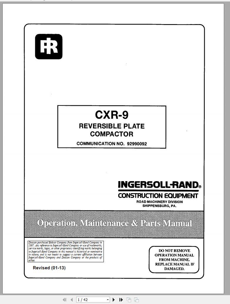 Ingersoll Rand Light Compaction CXR 9 Parts Manual Operating and Maintenance Manual 2013