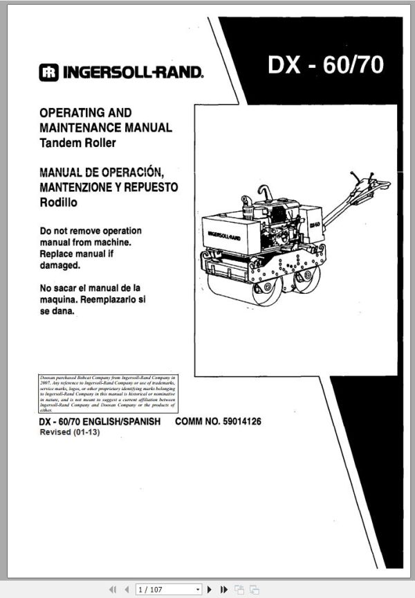 Ingersoll Rand Light Compaction DX60 Parts Manual, Operating and